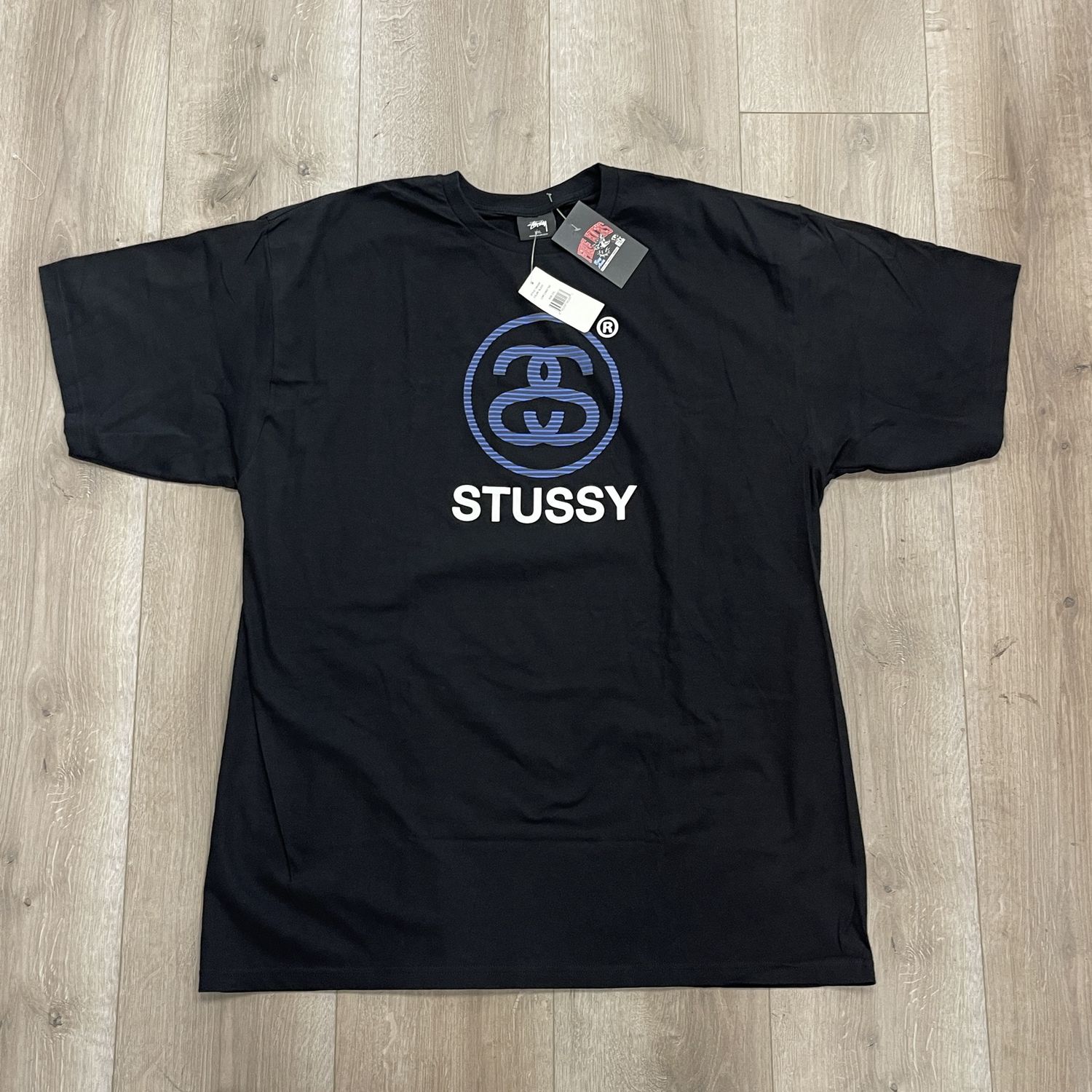 Stussy Graphic  Stripe Logo T-Shirt Black, Clothing Size: XXL, Product Condition: Brand New