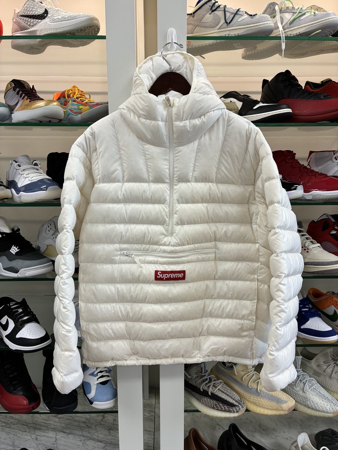 Supreme Micro Down Half Zip Hooded Pullover White - Pre-Owned, Clothing Size: M, Product Condition: Pre-Owned