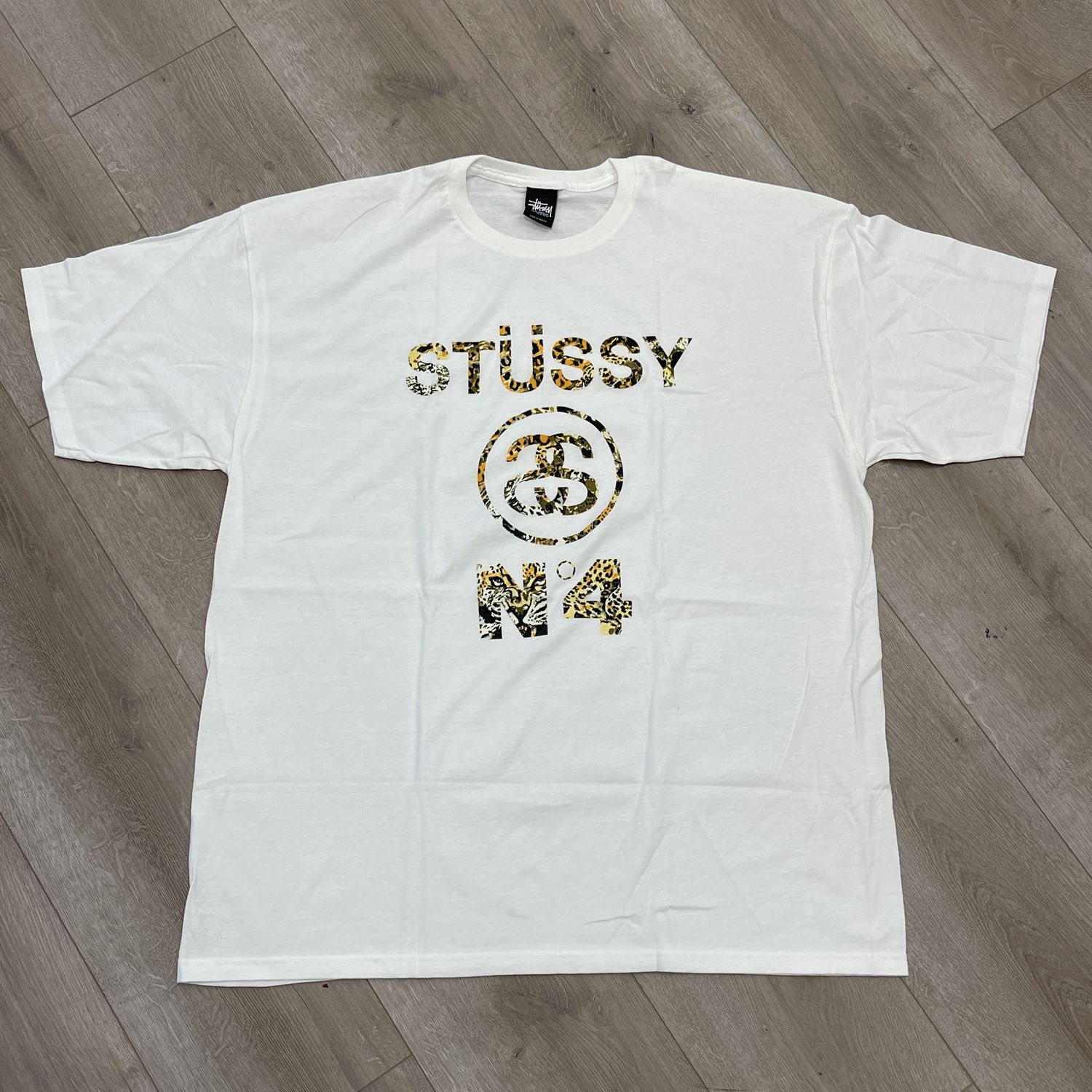 White Cheetah Stussy No. 4 T-Shirt - New, Clothing Size: XXL, Product Condition: New