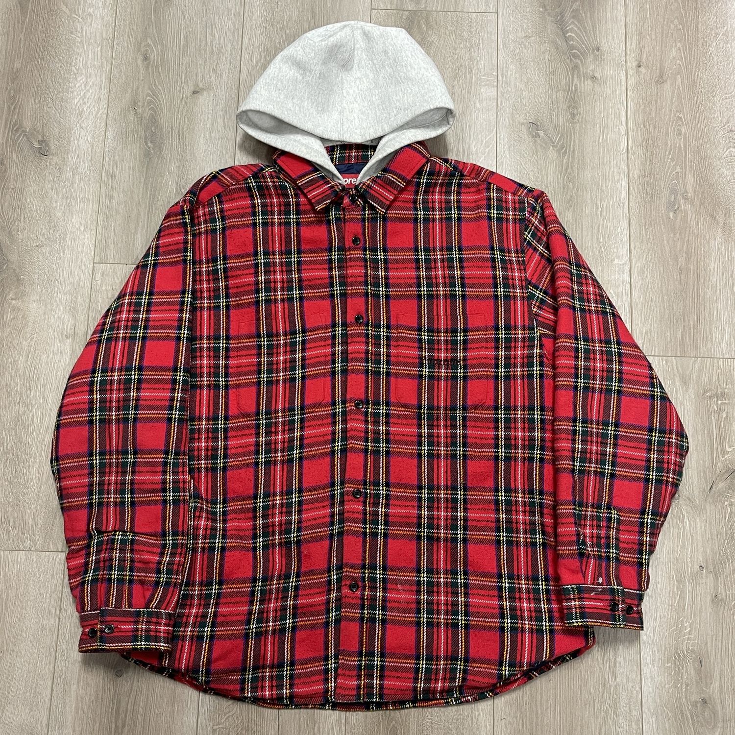 Supreme Tartan Flannel Hooded Shirt Red - Pre-Owned, Clothing Size: XL, Product Condition: Pre-Owned