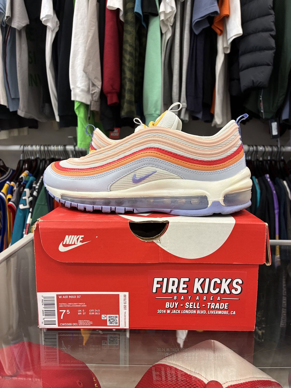 Nike Air Max 97 Football Grey Light Thistle (W) - Pre-Owned, Product Condition: Pre-Owned, Shoe Size: US W 7.5