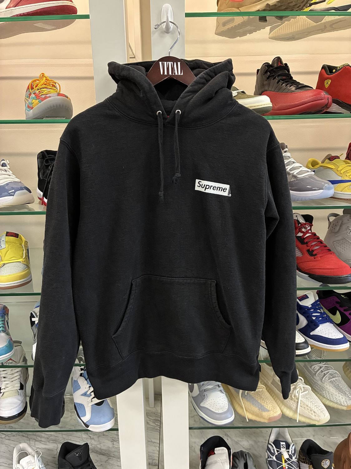 FW19 Supreme Stop Crying Box Logo Hooded Sweatshirt Black - Pre-Owned, Clothing Size: M, Product Condition: Pre-Owned