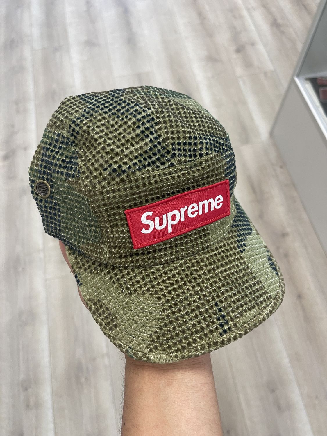 Supreme Camo Grid Velvet Camp Cap Woodland Camo - Pre Owned, Product Condition: Pre-Owned, Accessory Size: OSFA