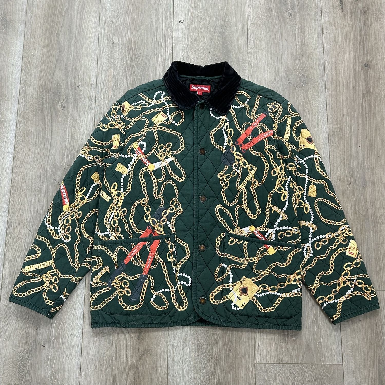 FW20 Supreme Chains Quilted Jacket Green - Pre Owned, Product Condition: Pre-Owned, Clothing Size: S