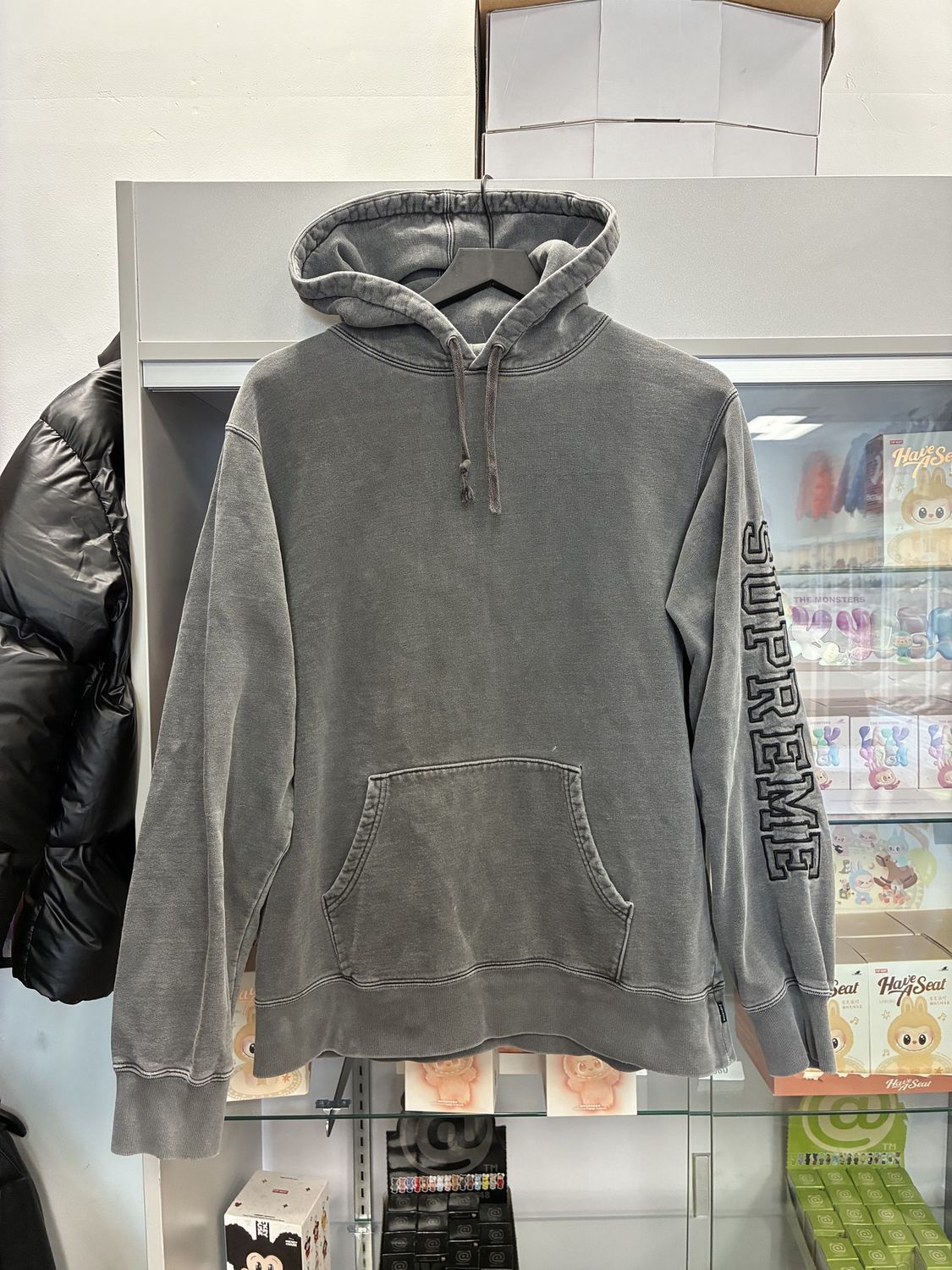 Supreme Raised Embroidery Hooded Sweatshirt Over-dyed Gray - Pre-Owned, Clothing Size: M, Product Condition: Pre-Owned