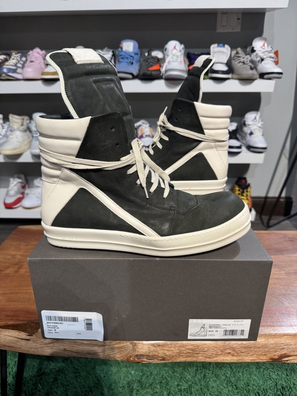 Rick Owens Geobaskets Black Milk - Pre-Owned, Product Condition: Pre-Owned, Shoe Size: US M 13