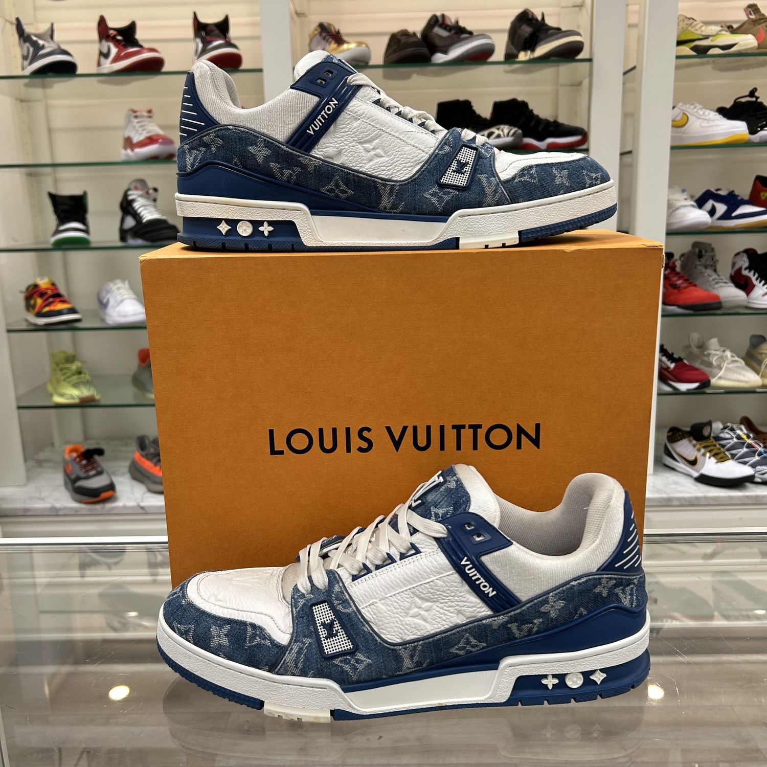 Louis Vuitton LV Trainer Monogram Denim White Blue - Pre Owned, Product Condition: Pre-Owned, Shoe Size: US M 13