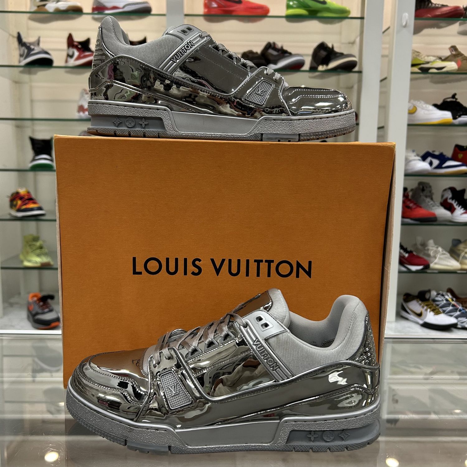 LOUIS VUITTON Silver Mirror LV Trainer Sneaker - Pre-Owned, Product Condition: Pre-Owned, Shoe Size: US M 10