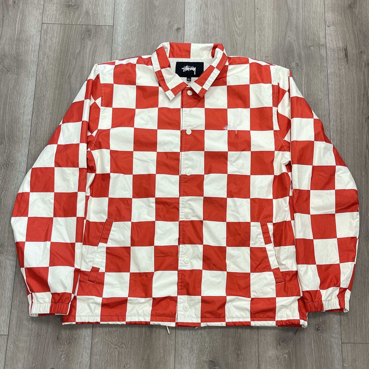 Stüssy - Checkerboard Shell Coach Jacket - Red - Pre-Owned, Clothing Size: L, Product Condition: Pre-Owned