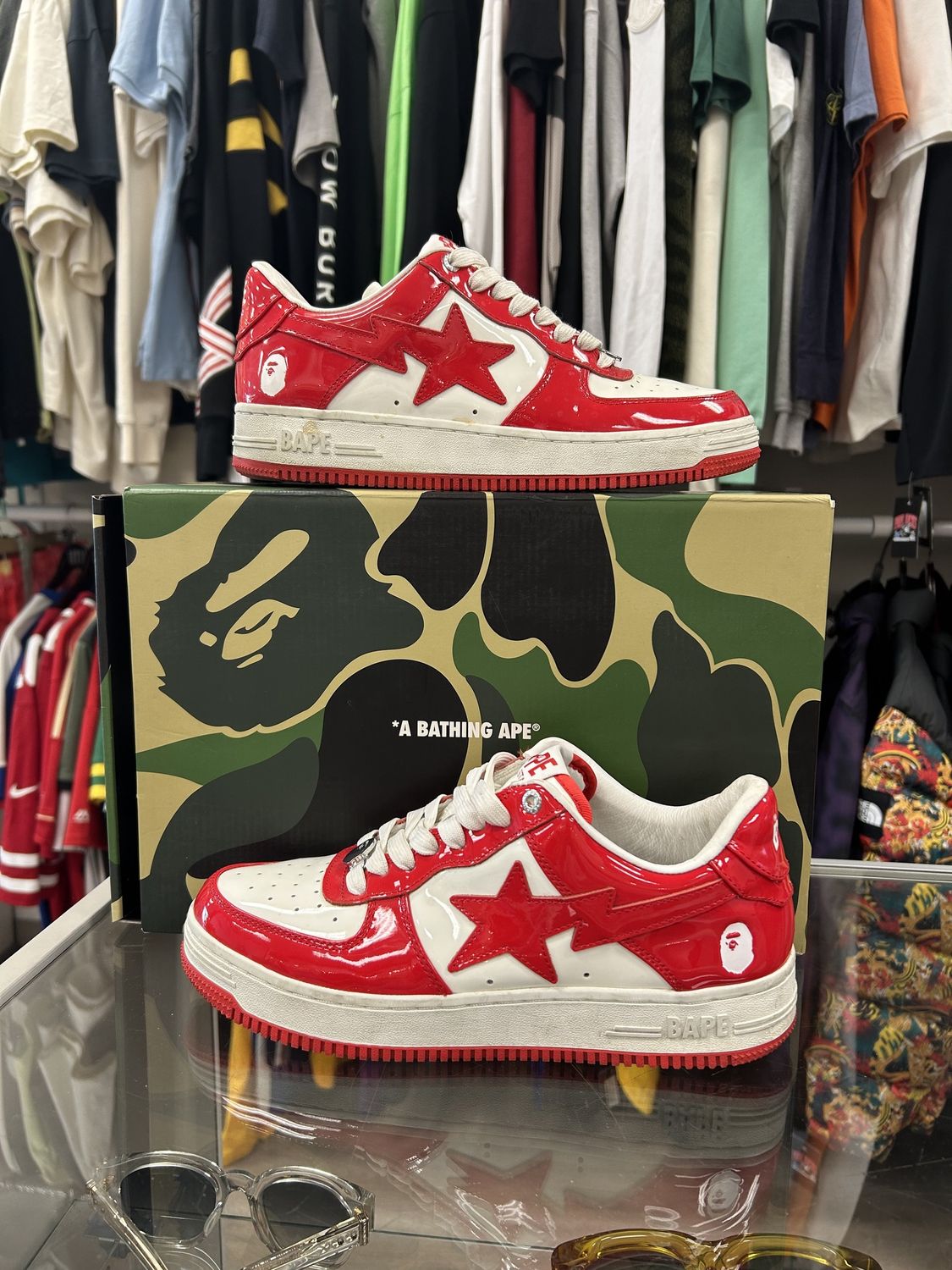 A Bathing Ape Bape Sta Patent Leather White Red (2023), Product Condition: Pre-Owned, Shoe Size: US M 9