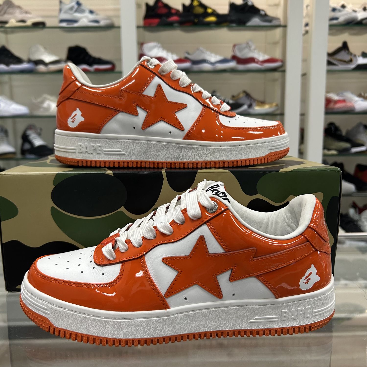 A Bathing Ape Bape Sta Patent Leather Orange White - Pre-Owned, Product Condition: Pre-Owned, Shoe Size: US M 8.5
