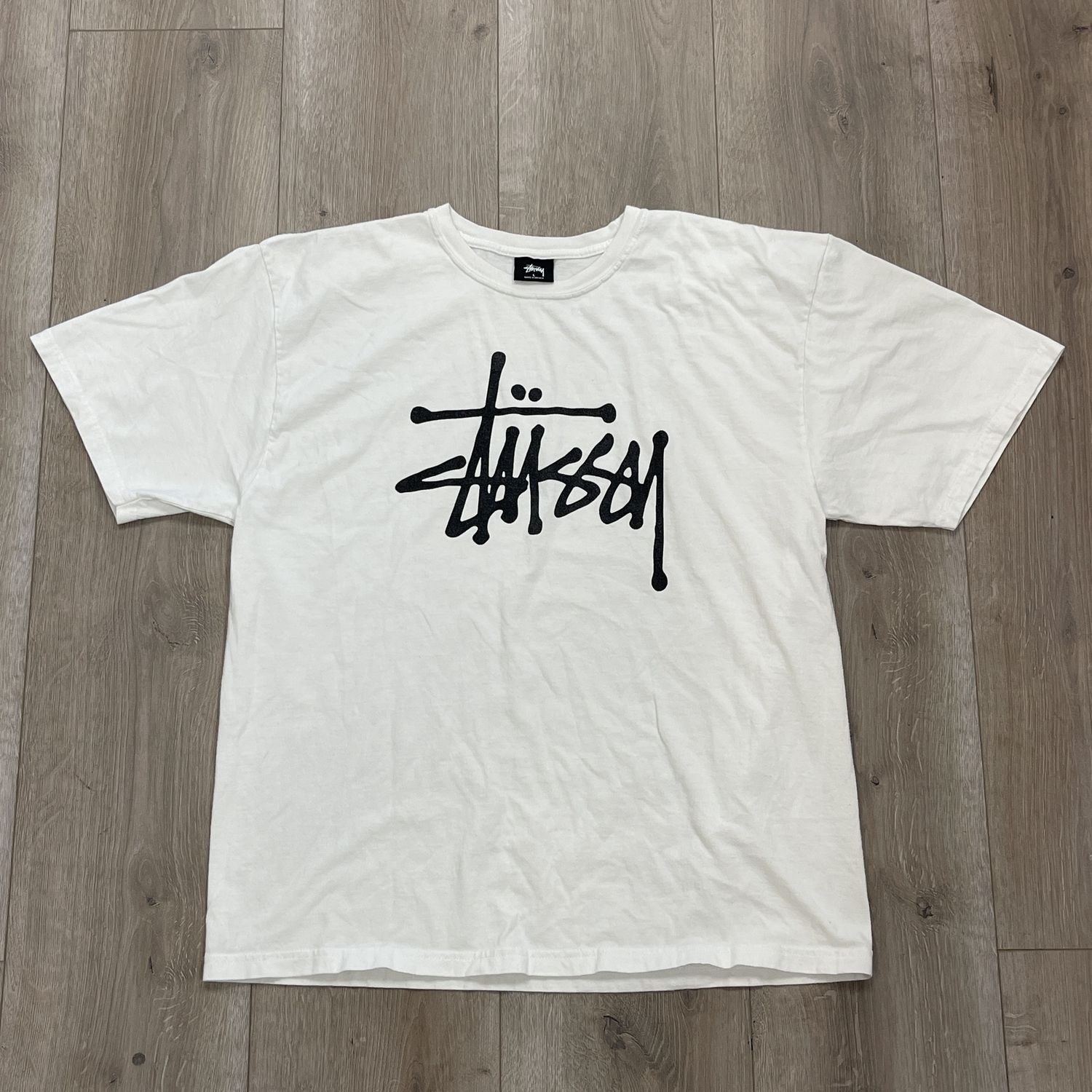 Stussy logo White T-Shirt - Pre-Owned, Clothing Size: L, Product Condition: Pre-Owned