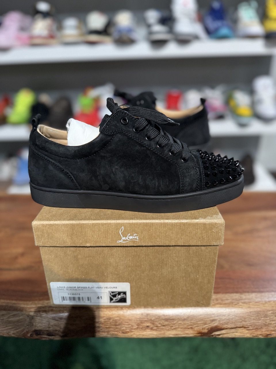 Christian Louboutin Louis Junior Spikes Veau Velours Sneaker Black • Pre-Owned, Product Condition: Pre-Owned, Shoe Size: US M 8