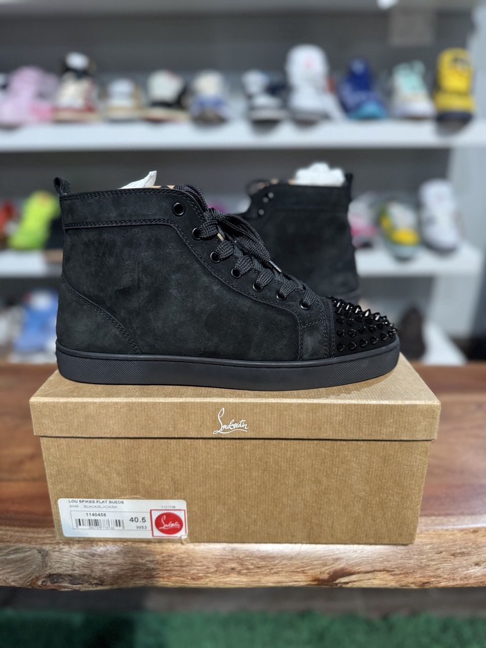 Christian Louboutin Lou Spikes Flat Black Black • Pre-Owned, Product Condition: Pre-Owned, Shoe Size: US M 7.5