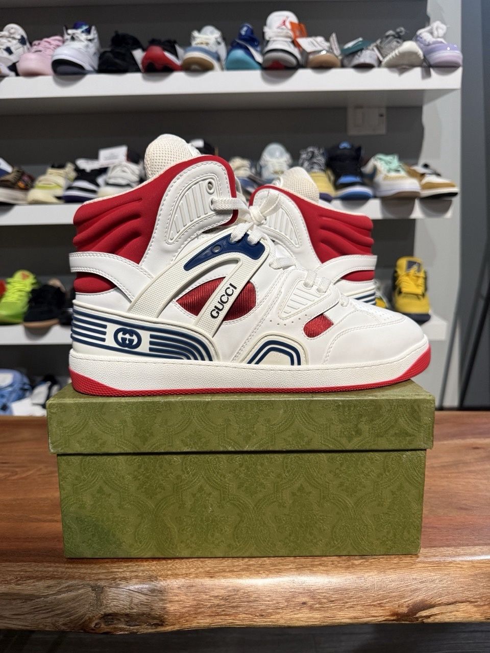 Gucci Basket High White Red Blue • Pre-Owned, Product Condition: Pre-Owned, Shoe Size: US M 11