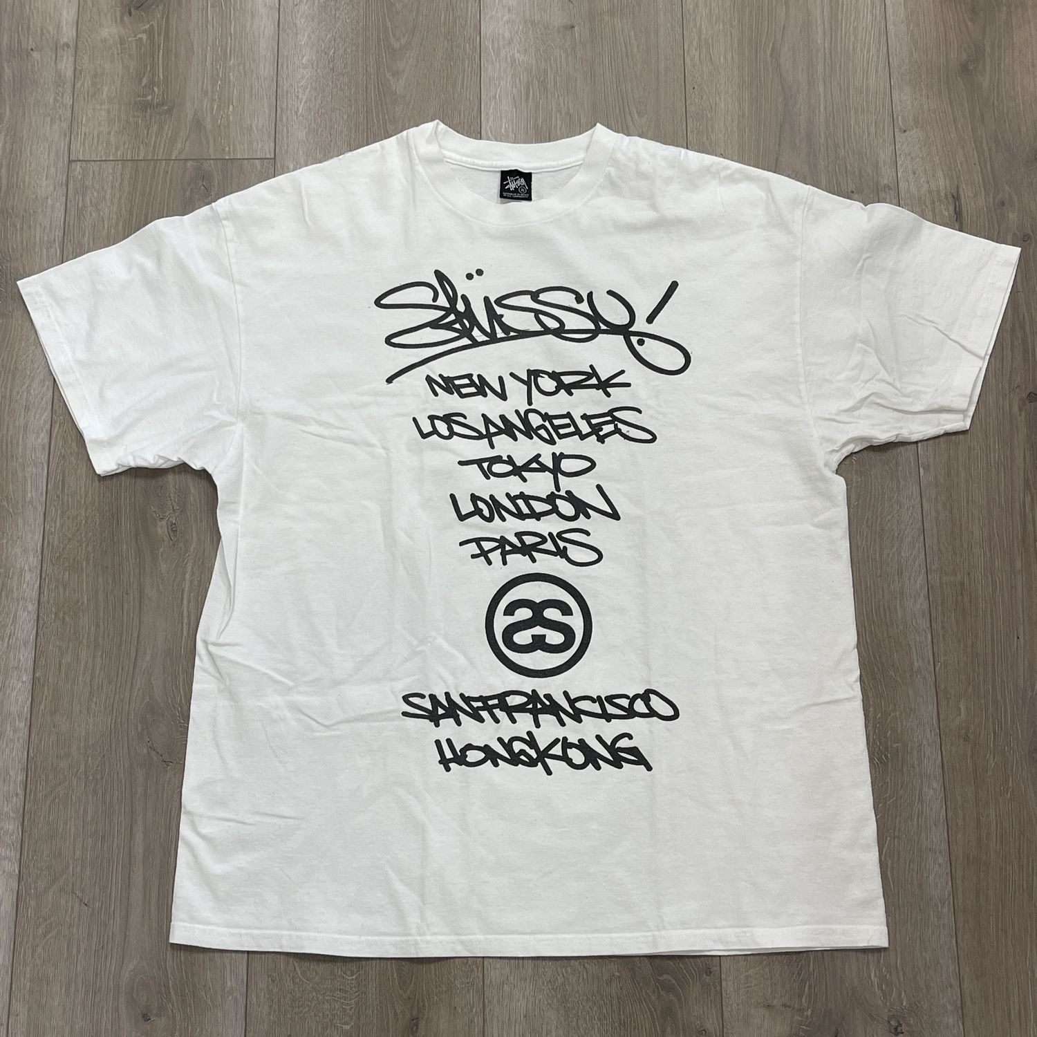 Stussy x Ease World Tour Tee &#39;White&#39; - Pre-Owned, Clothing Size: XL, Product Condition: Pre-Owned