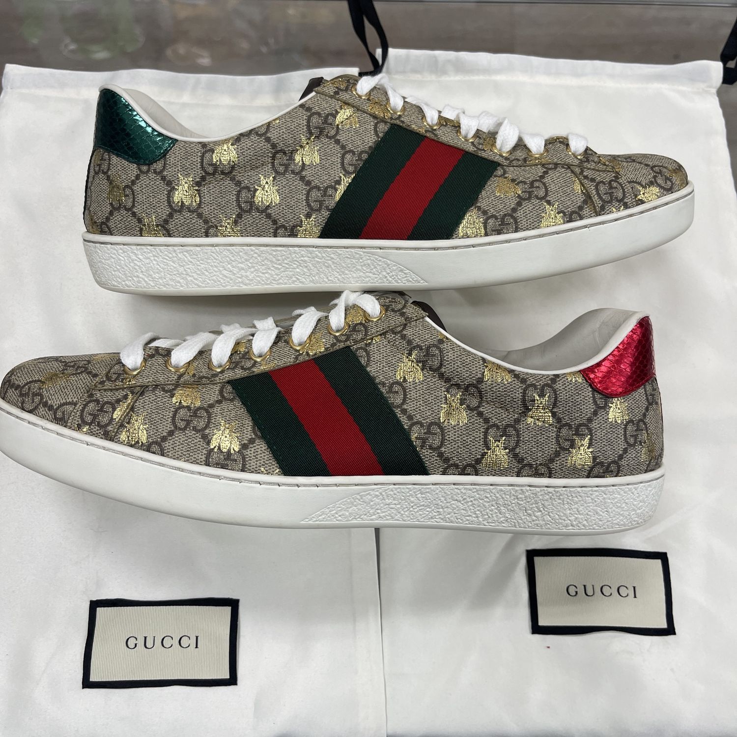 Gucci GG Supreme Ace Sneakers Bee Stripes - Pre-Owned, Product Condition: Pre-Owned, Shoe Size: US M 10