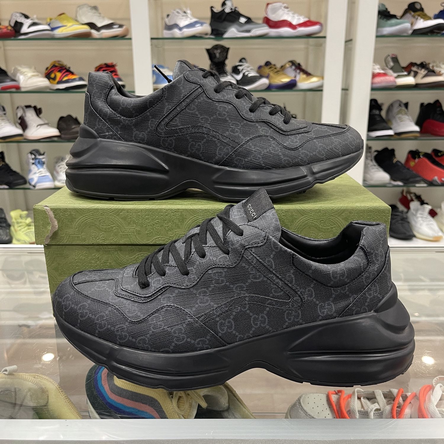 Gucci Rhyton Black GG Supreme Canvas - Pre-Owned, Product Condition: Pre-Owned, Shoe Size: US M 14