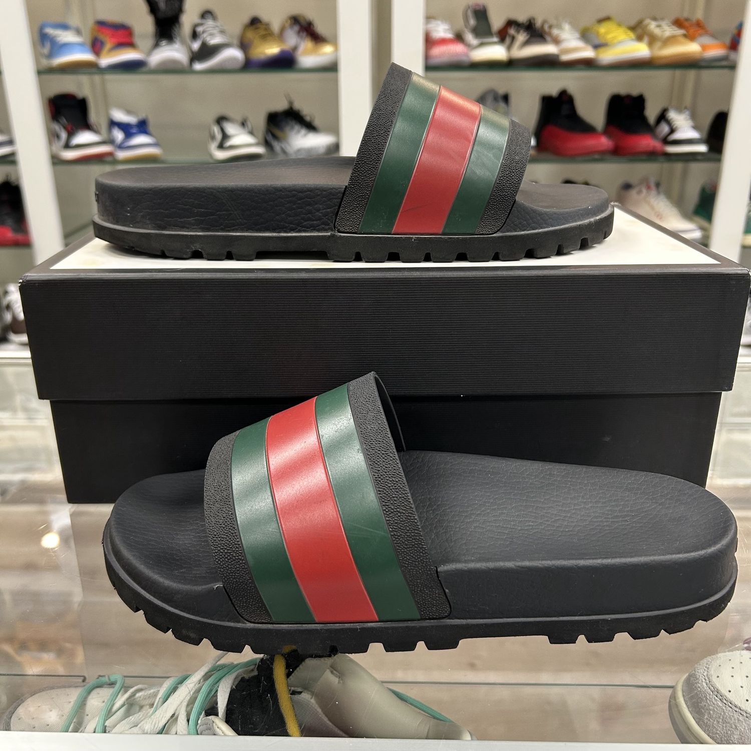 Gucci Web Rubber Slide Sandals - Pre-Owned, Product Condition: Pre-Owned, Shoe Size: US M 12