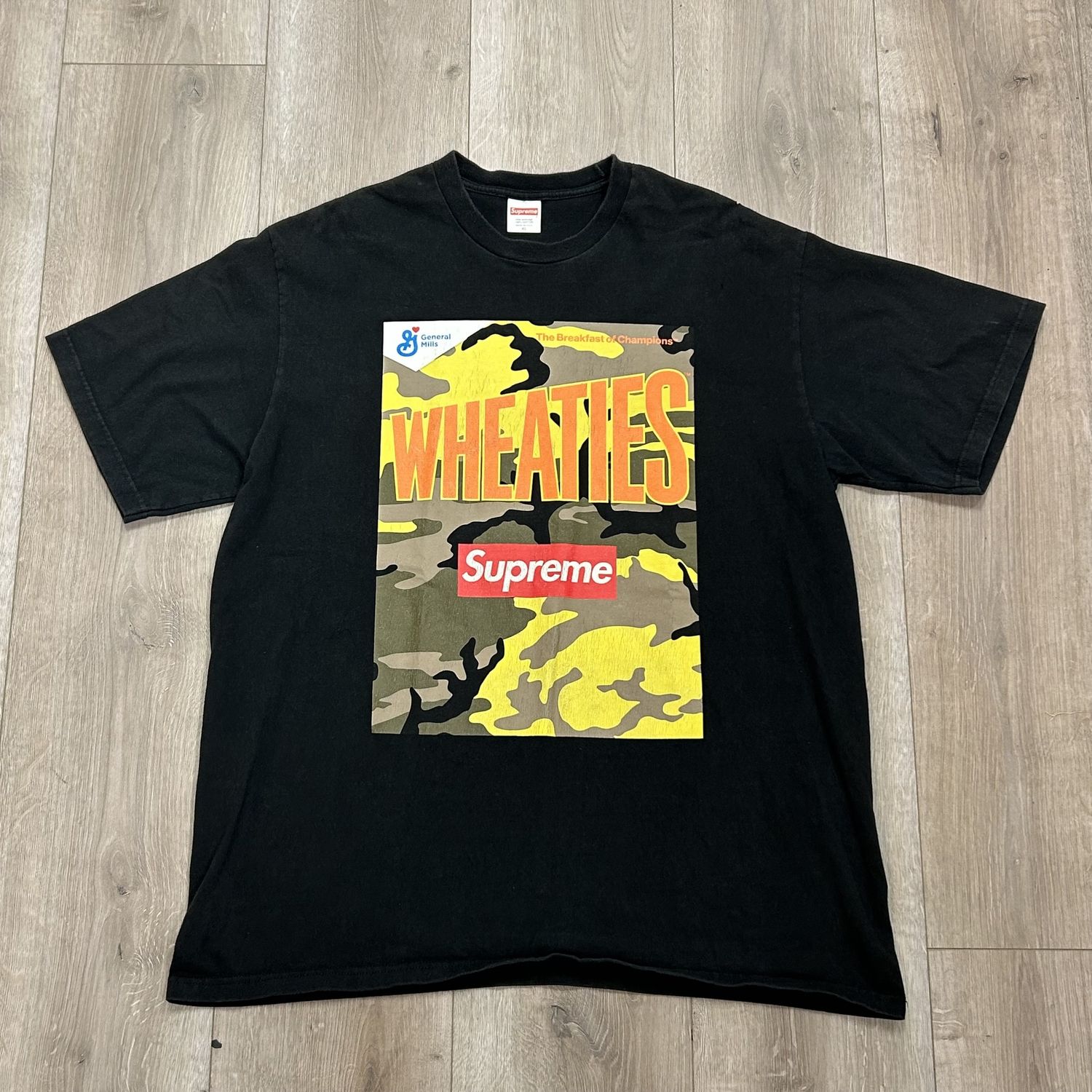 2021 Supreme x Wheaties Tee &#39;Black&#39; - Pre-Owned, Clothing Size: XL, Product Condition: Pre-Owned