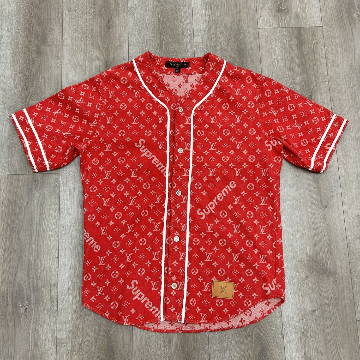 Supreme x Louis Vuitton Jacquard Denim Baseball Jersey Red - Pre-Owned, Clothing Size: XL, Product Condition: Pre-Owned