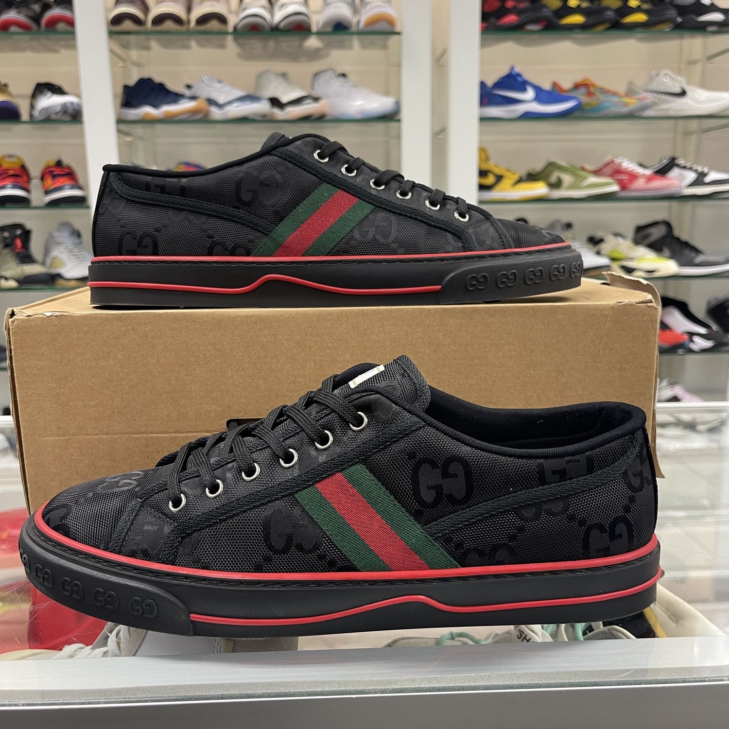 Gucci Off The Grid Tennis 1977 Low ECONYL Black GG Green Red - pre owned, Product Condition: Pre-Owned, Shoe Size: US M 12
