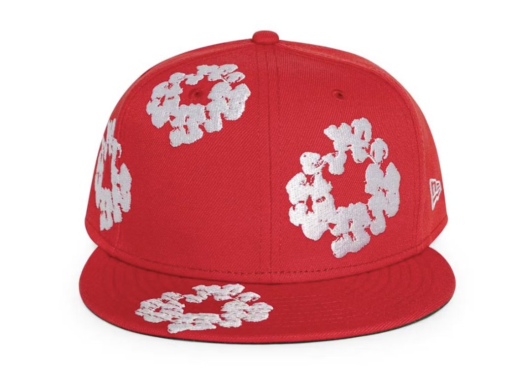 Denim Tears New Era Cotton Wreath 59/50 Cap Red • Pre-Owned, Clothing Size: US M 7 5/8, Product Condition: Pre-Owned