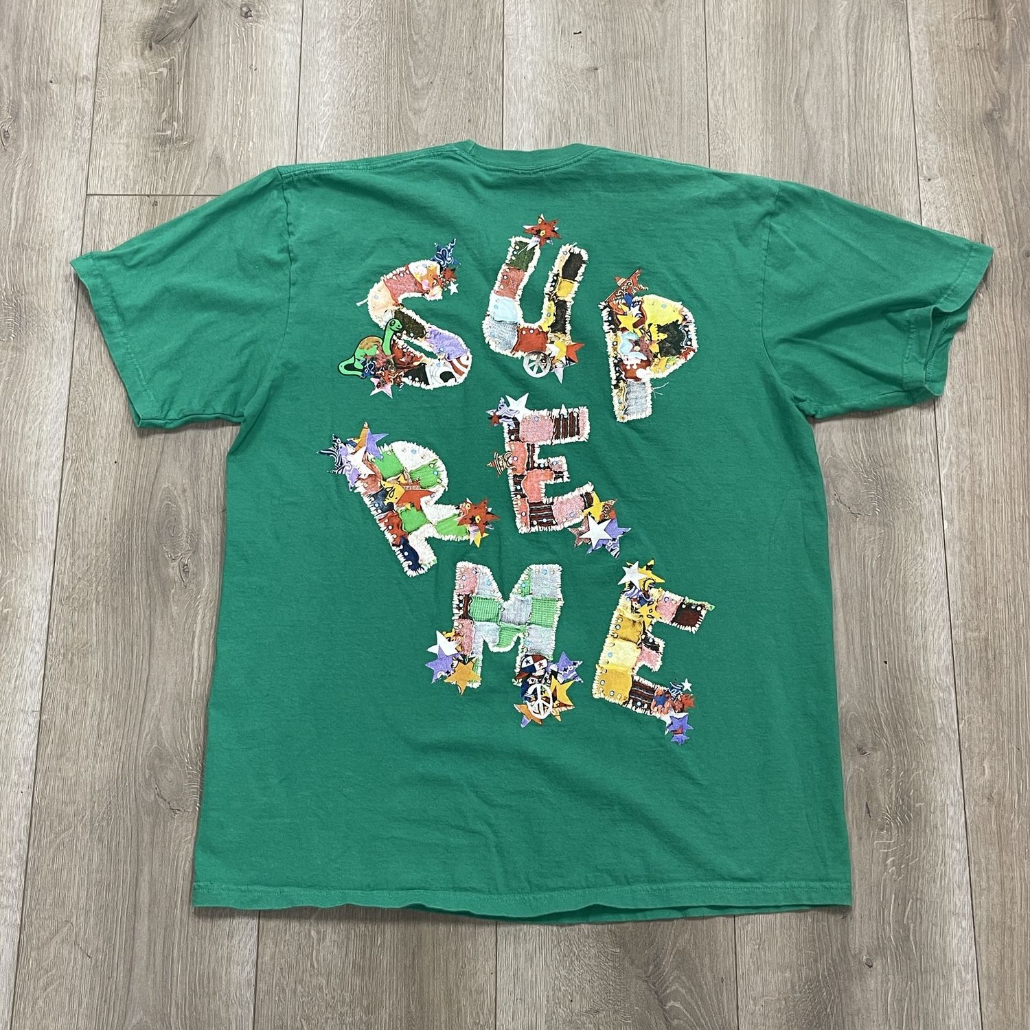 SS24 Supreme Patchwork Tee Green - Pre-Owned, Clothing Size: L, Product Condition: Pre-Owned