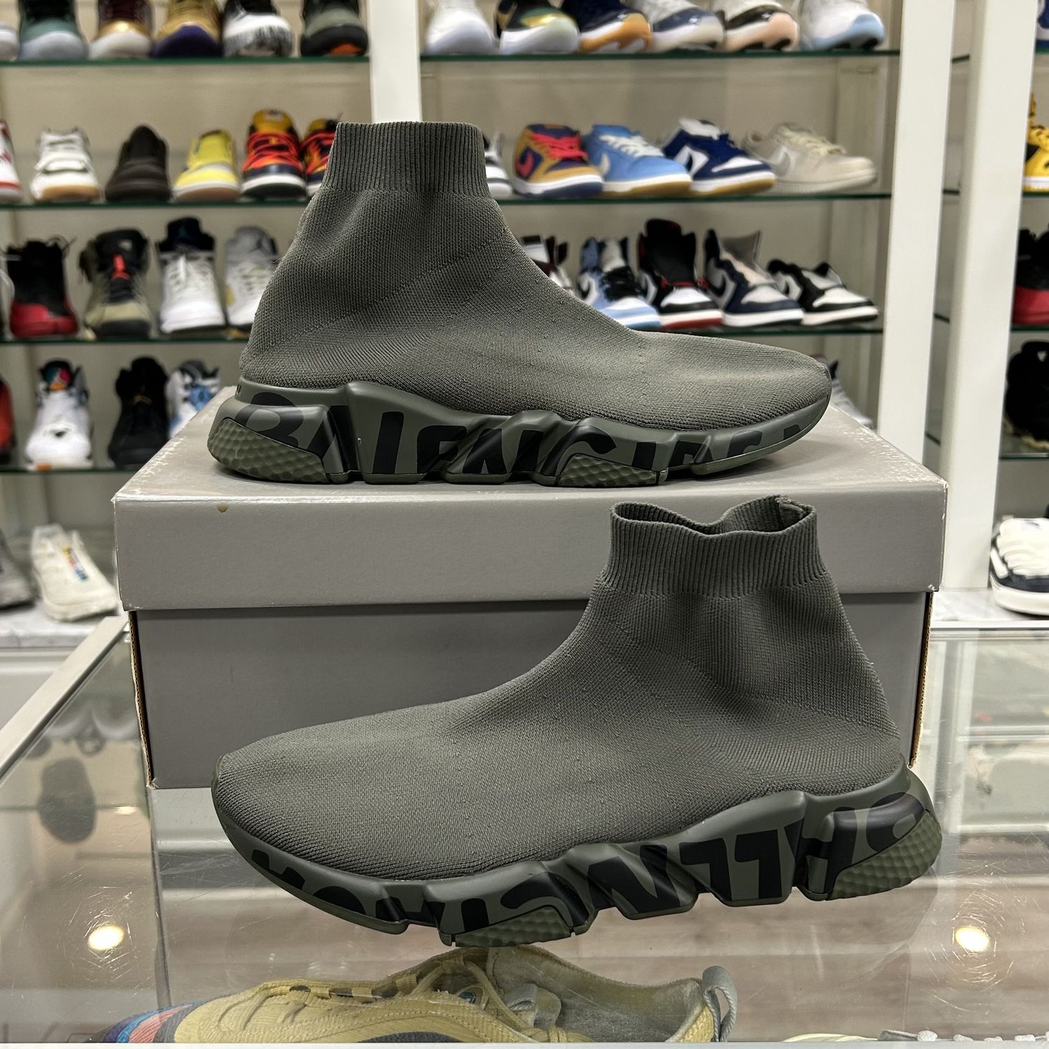 Balenciaga Speed Trainer Olive Green - Pre-Owned, Product Condition: Pre-Owned, Shoe Size: US M 9