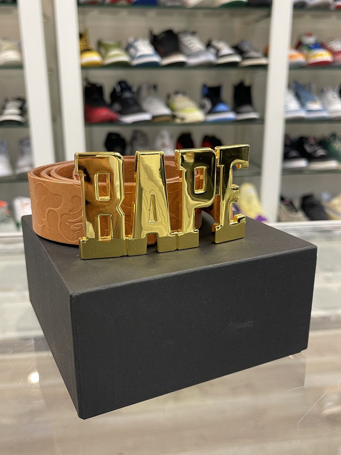 Bape Gold Buckle Brown Leather Belt - Pre-Owned, Accessory Size: 34, Product Condition: Pre-Owned