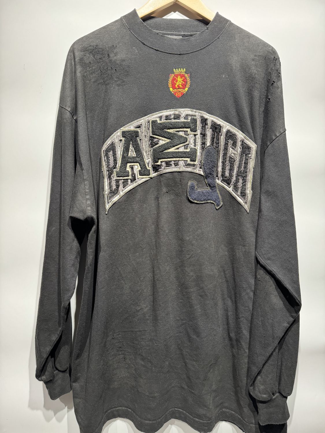 BALENCIAGA Oversized Distressed Logo-Appliquéd Cotton-Jersey Long Sleeve Shirt • Pre-Owned, Clothing Size: US L, Product Condition: Pre-Owned