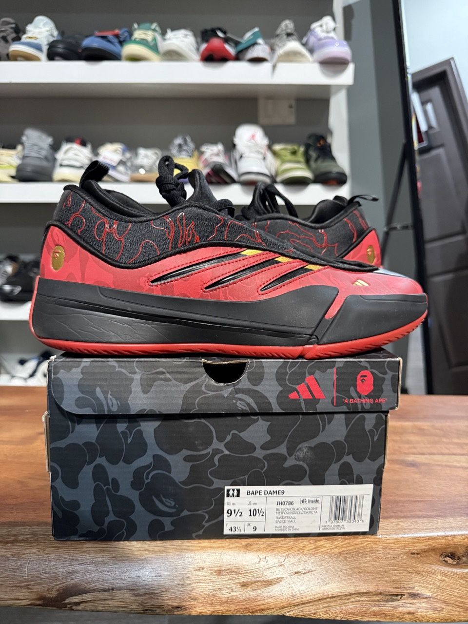 adidas Dame 9 Bape Black Red • Pre-Owned, Product Condition: Pre-Owned, Shoe Size: US M 9.5
