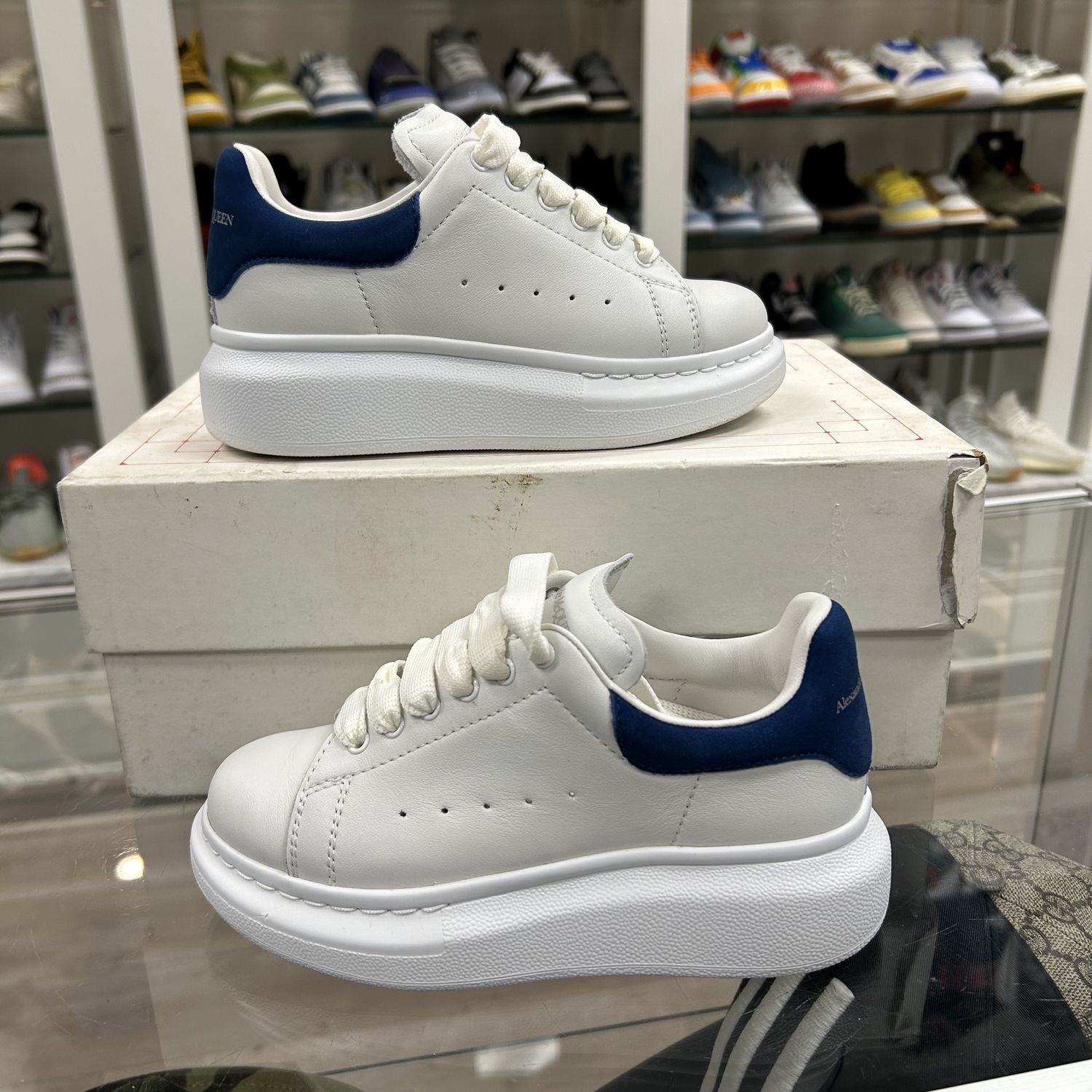 Alexander McQueen Oversized Sneaker White/Blue - Pre-Owned, Product Condition: Pre-Owned, Shoe Size: US 11.5C