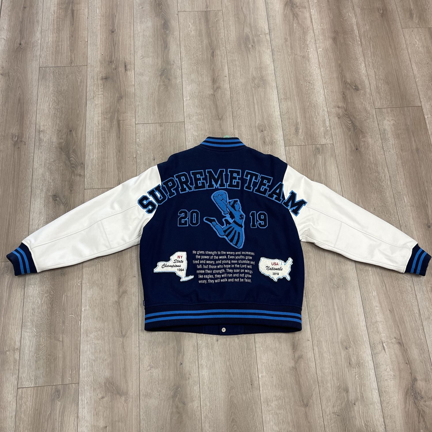 2019 Supreme Team Varsity Jacket &#39;Navy&#39; - Pre-Owned, Clothing Size: XL, Product Condition: Pre-Owned