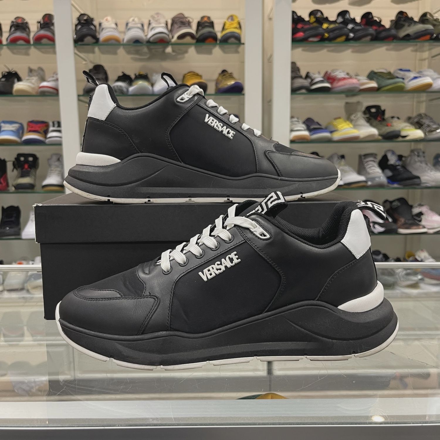 Versace Black Canvas Leather Logo Sneakers Shoes • Pre-Owned [2478]