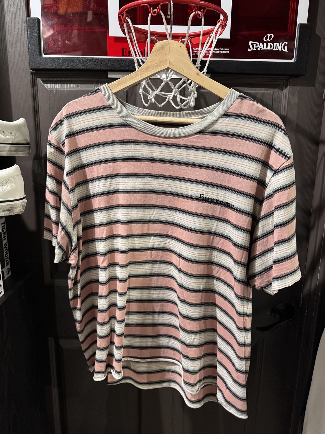 Supreme Shadow Stripe Pink Tee Black / XL - Pre Owned [4848], Clothing Size: XL, Product Condition: Pre-Owned