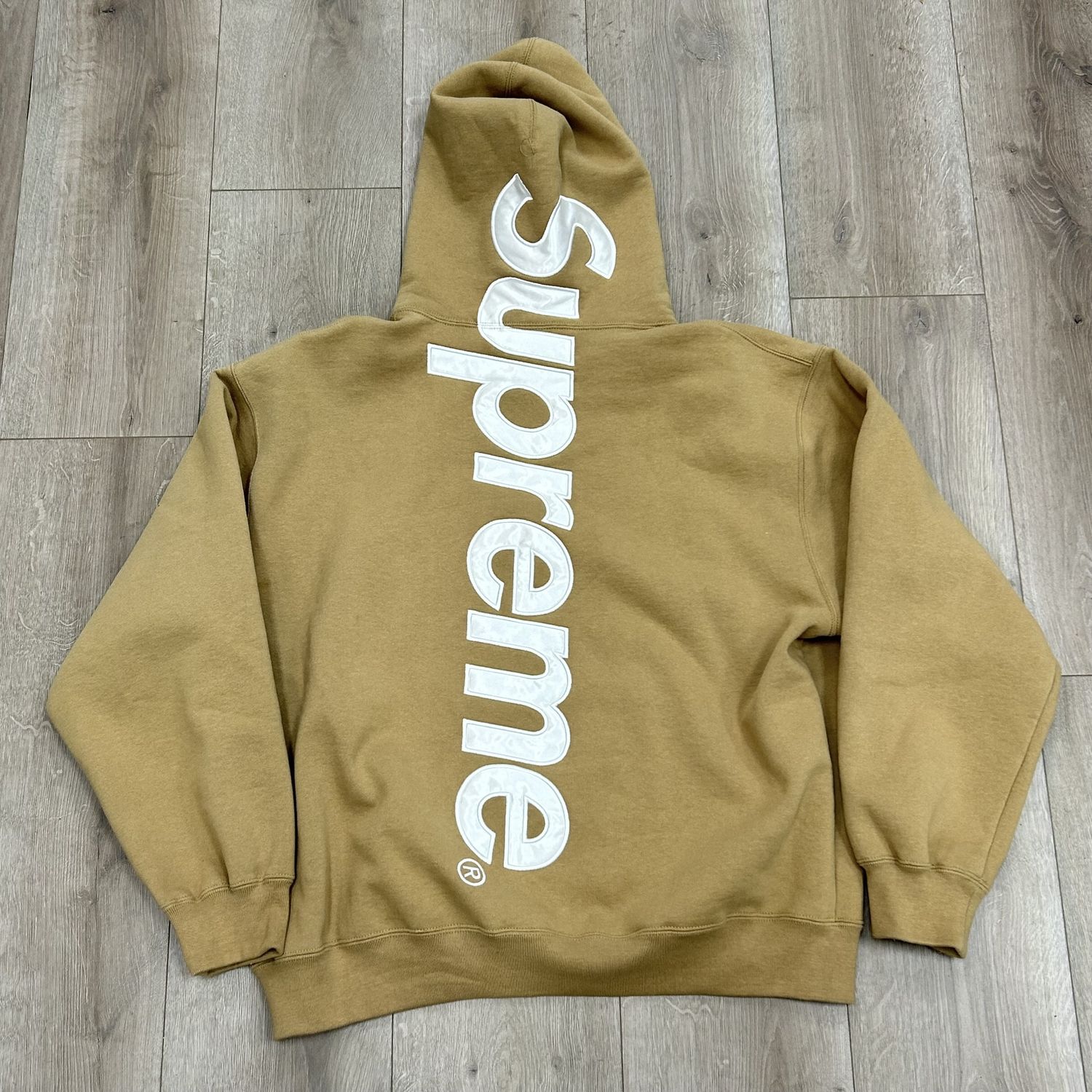 Supreme Satin LOGO Hoodie in Tan - Pre-Owned, Clothing Size: L, Product Condition: Pre-Owned