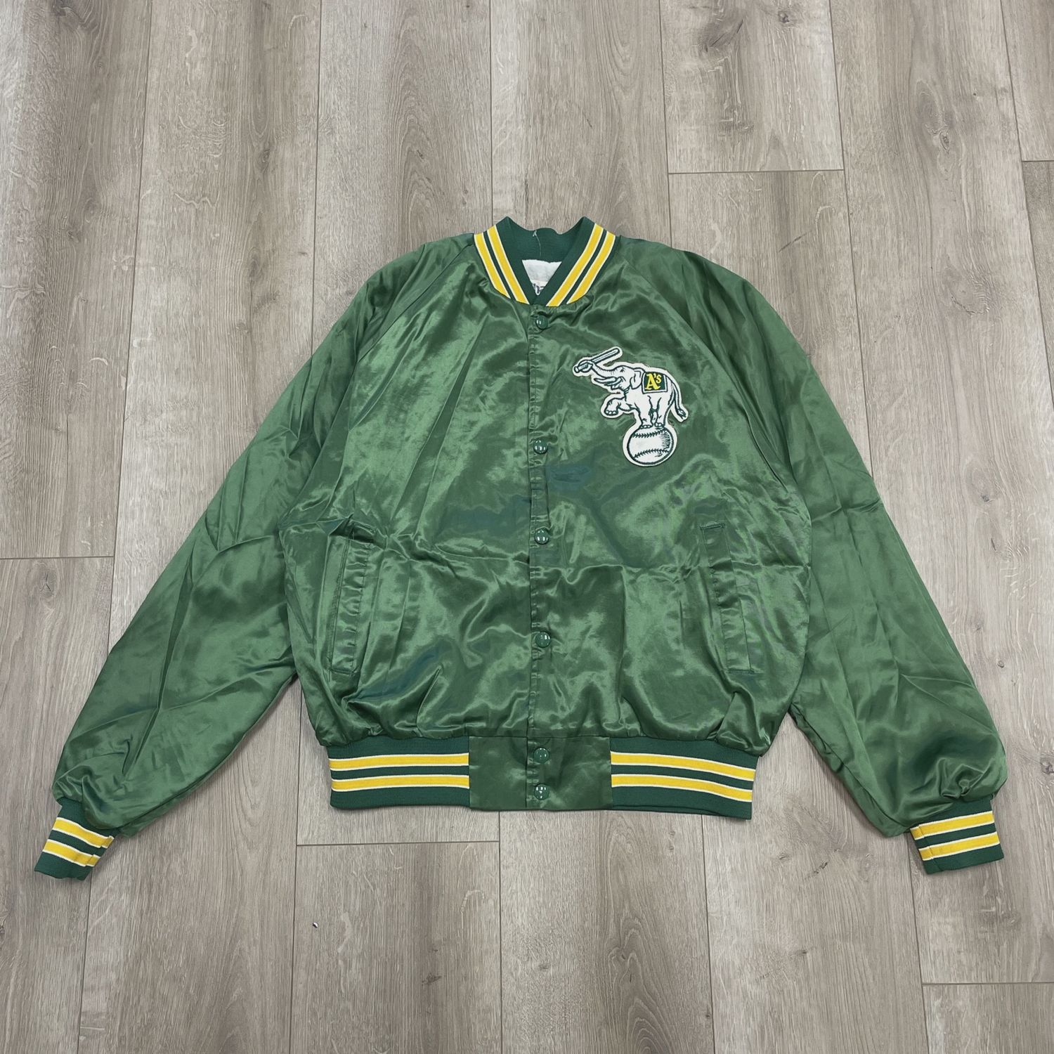 Vintage 90s Oakland Athletics (A's) green satin bomber jacket