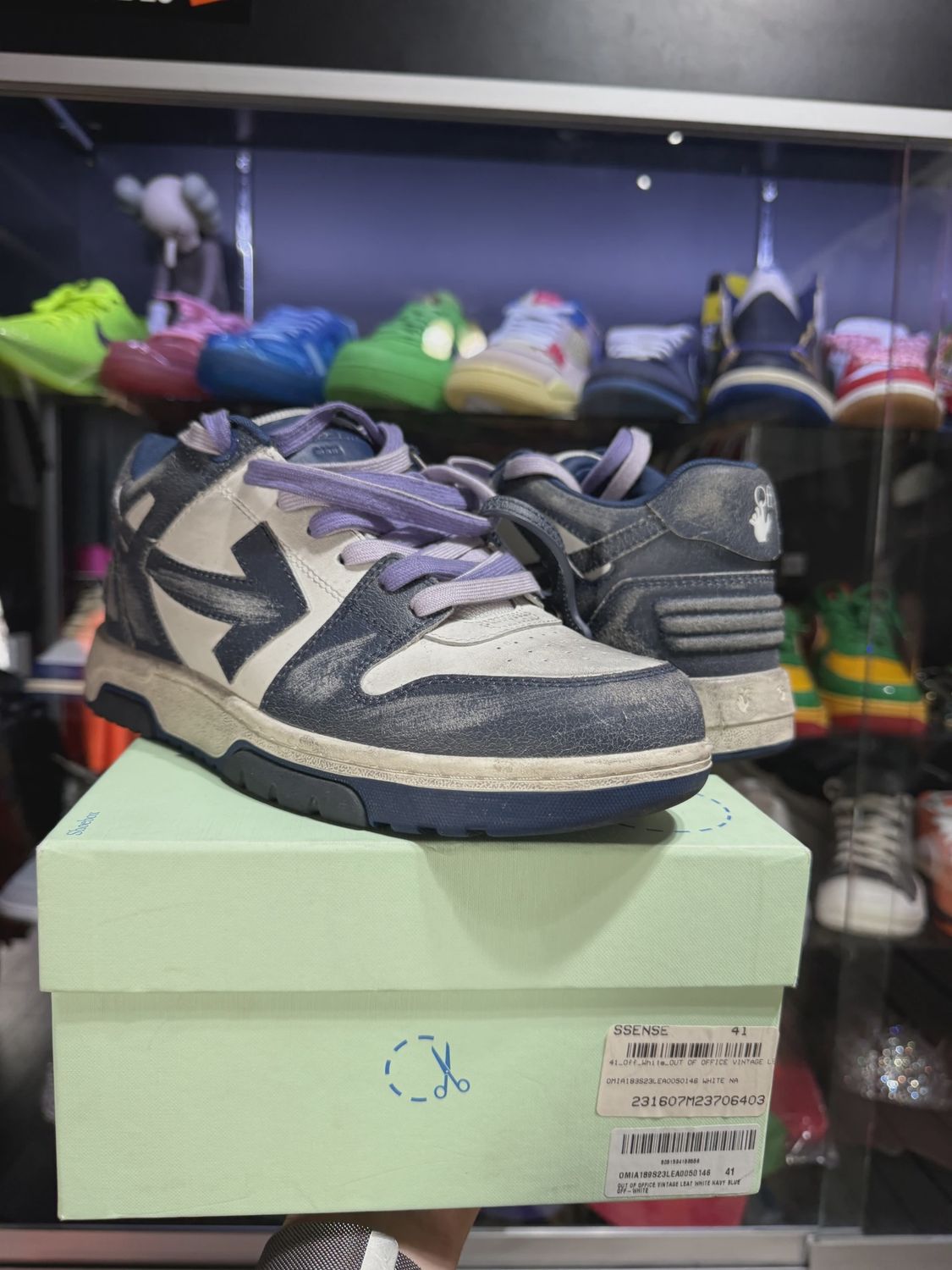 Off white out of office blue distressed • Pre-Owned [9784], Product Condition: Pre-Owned, Shoe Size: US M 8