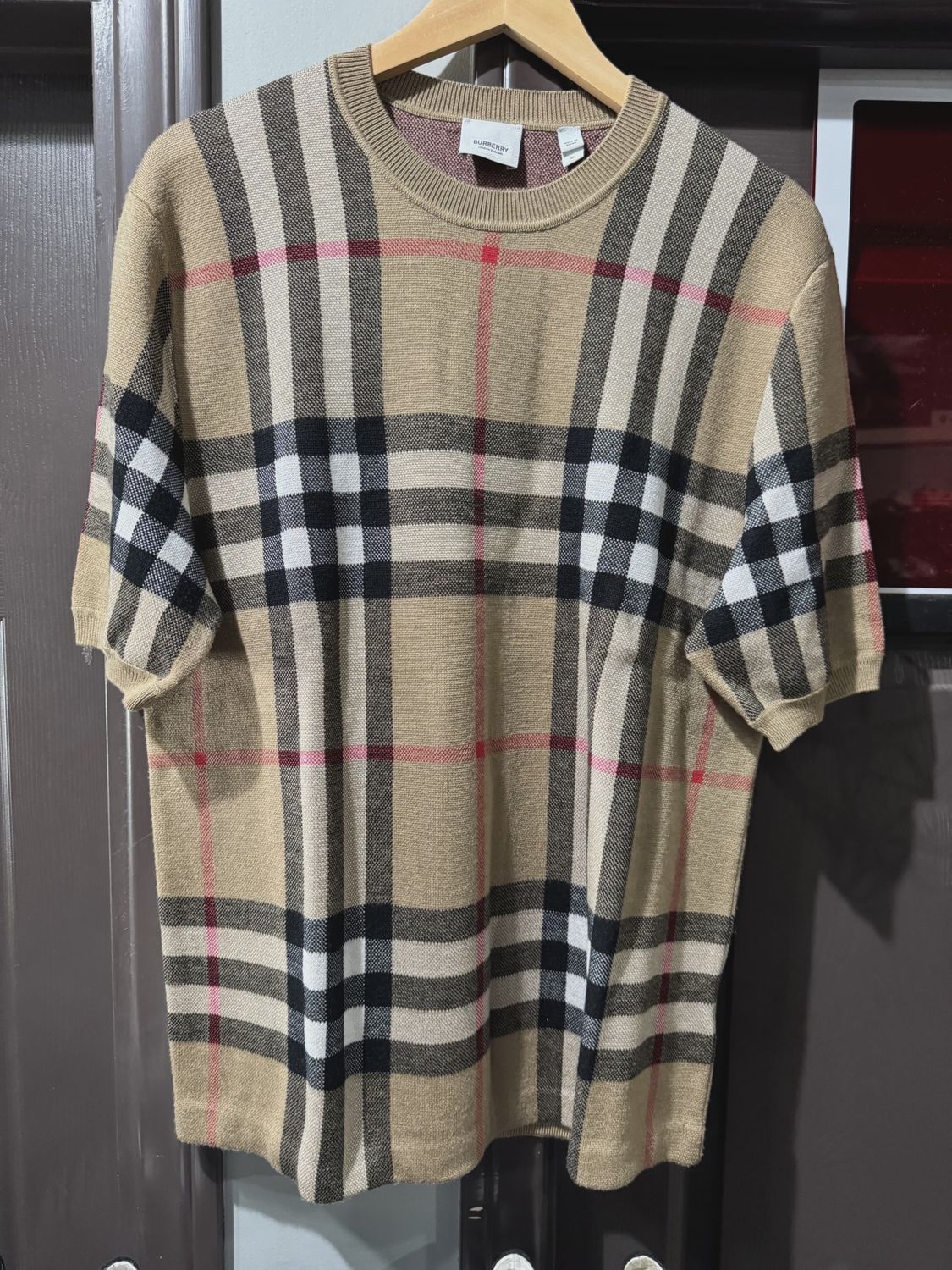 Burberry Wells Check Jacquard Silk &amp; Wool Sweater T Shirt size M • Pre-Owned [5658]