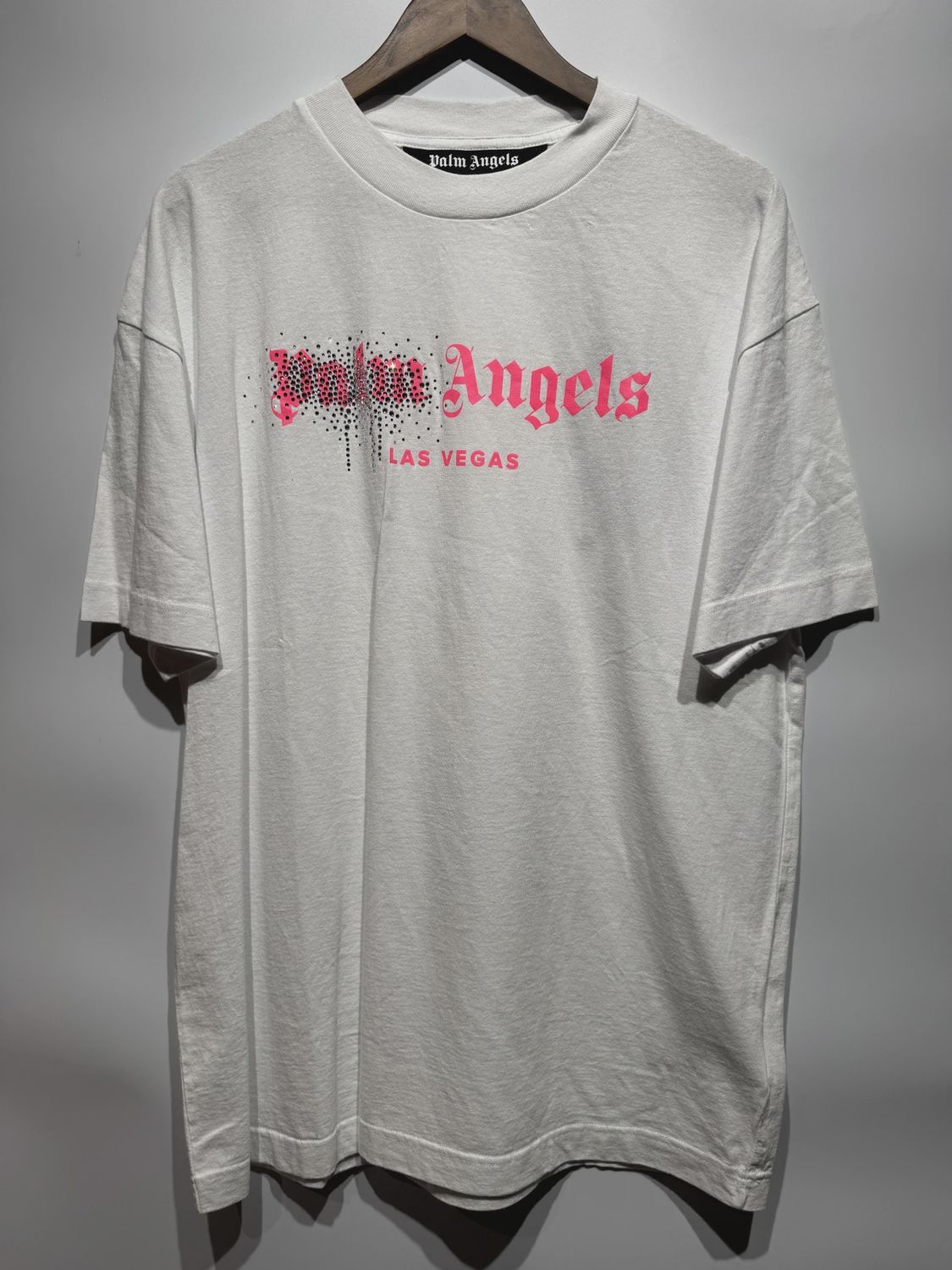 Palm Angels Rhinestone Pink Logo White Tee size XXL • Pre-Owned [6855]