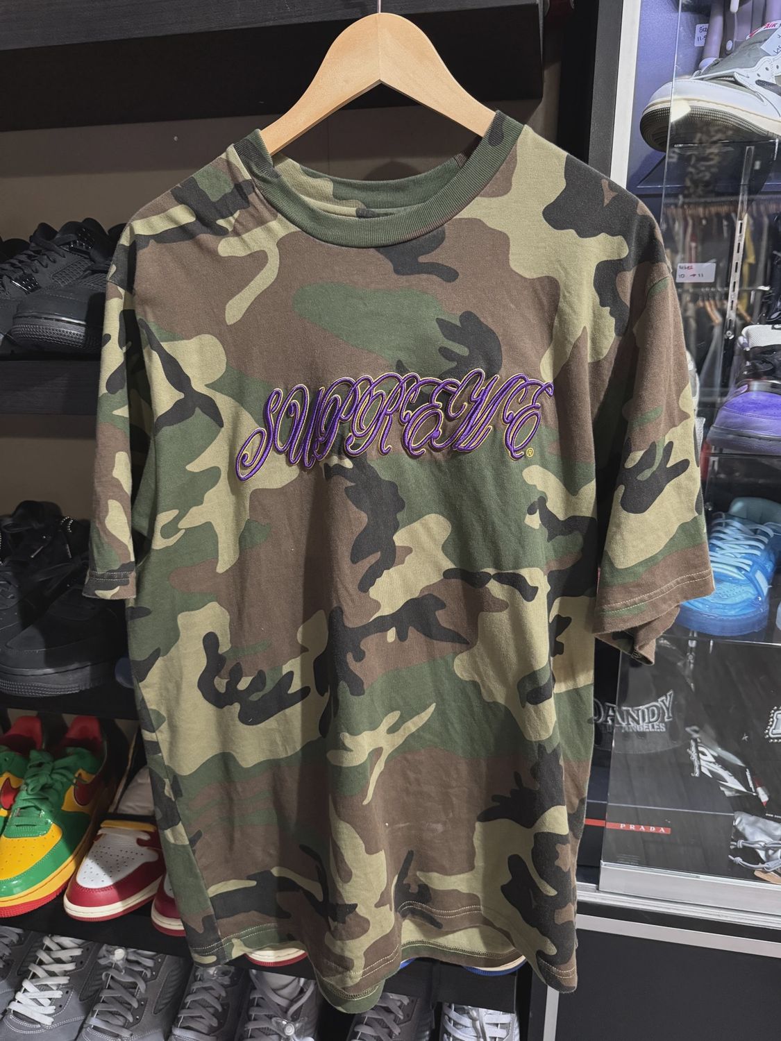 Supreme Raised Script S/S Top Woodland sz M • Pre-Owned [0089]