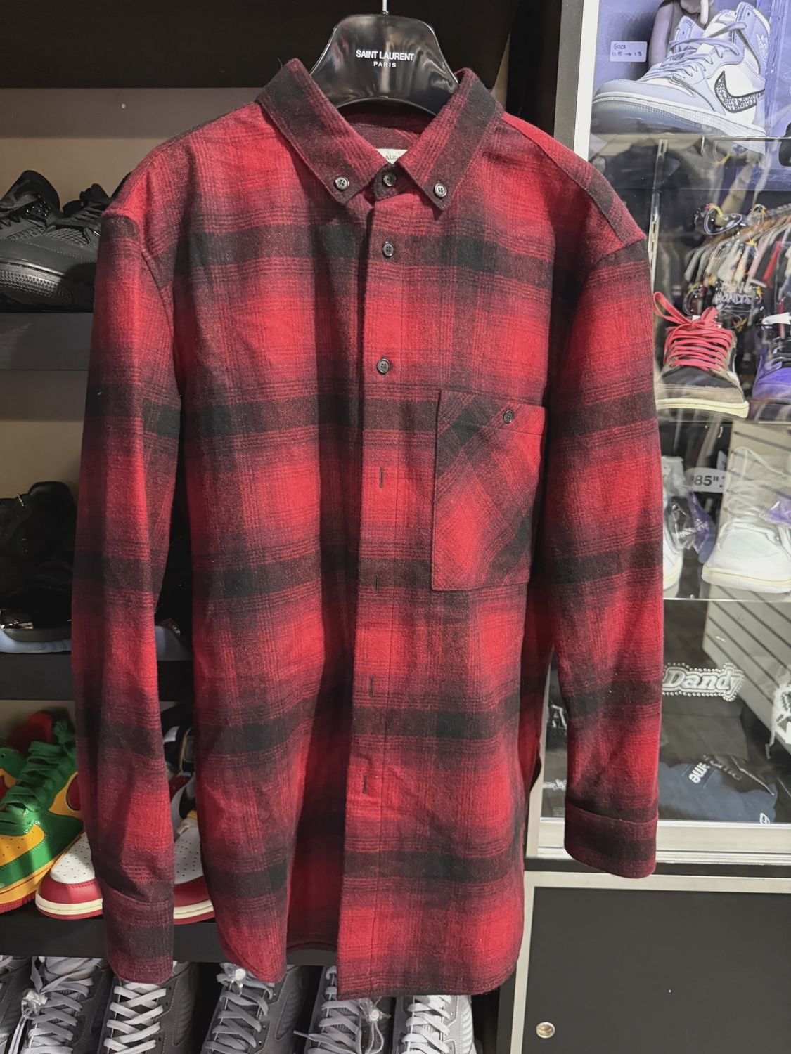 Saint Laurent Red Plaid Wool Shirt • Pre-Owned [7482], Clothing Size: M, Product Condition: Pre-Owned