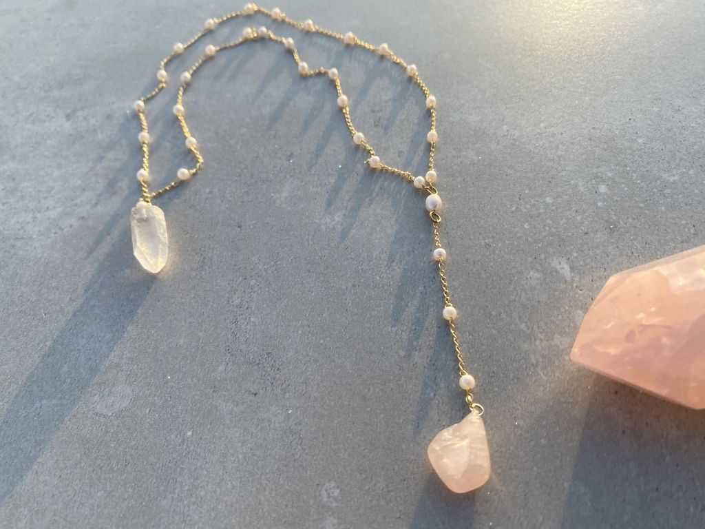 Escapulário Arequipa Cristal e Quartzo-rosa dourado