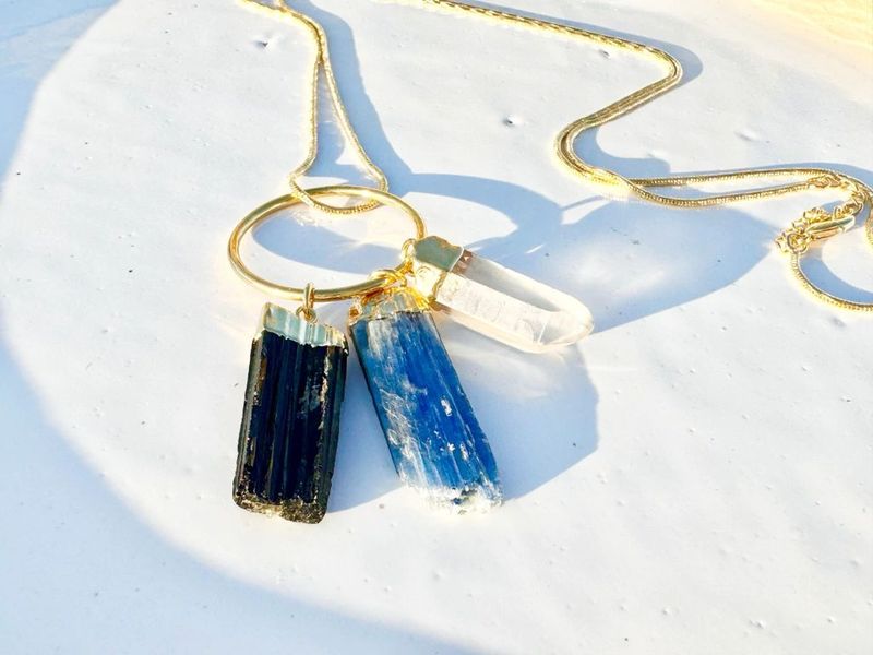 Blue Crystal Kyanite and Black Tourmaline Gold Amulet Necklace
