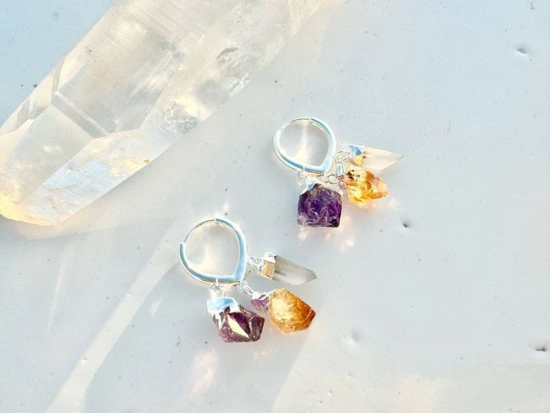 Argola Patuá ametista, citrino e cristal prateado