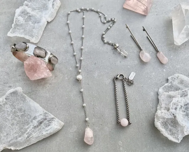 Arequipa Crystal and Silver Rose Quartz Scapular