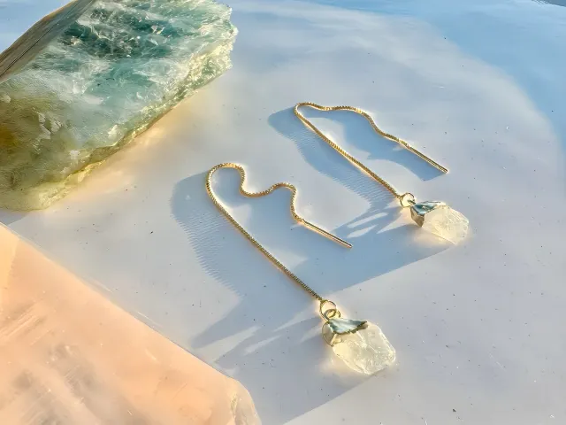 Gold Aquamarine Thread Earring