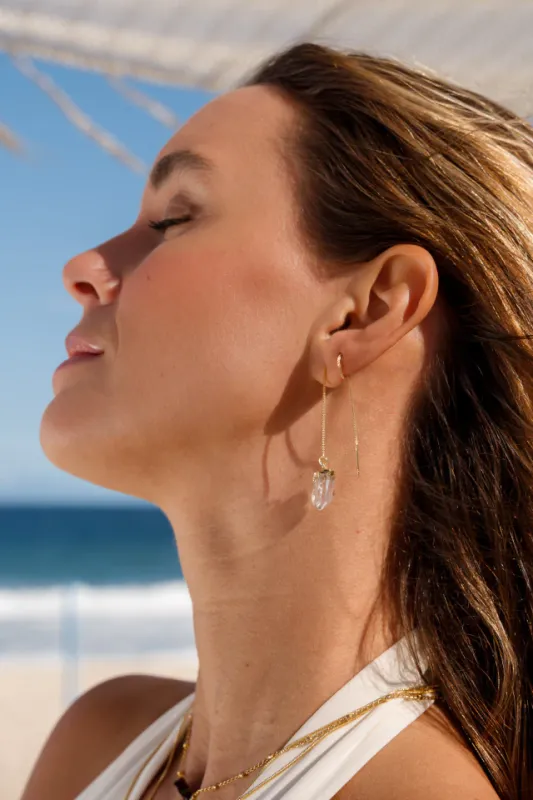Gold Aquamarine Thread Earring
