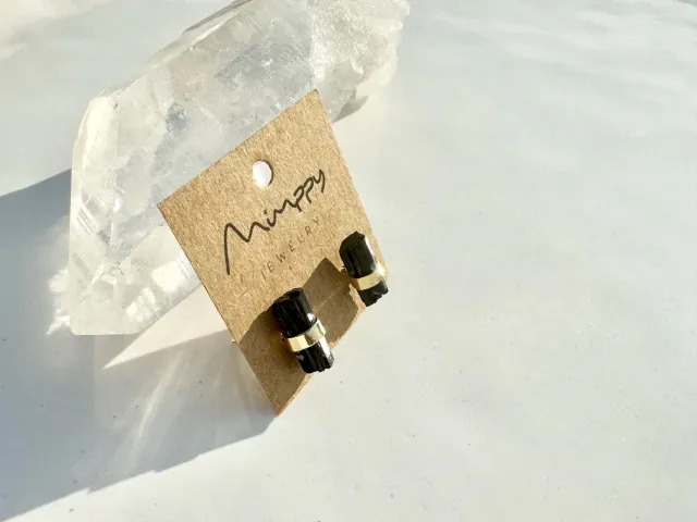 Mini Black Tourmaline Ribbon Earring with Gold